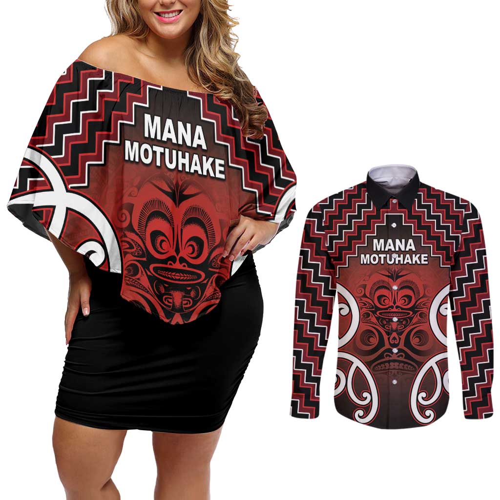 Personalised Aotearoa Mana Motuhake Couples Matching Off Shoulder Short Dress and Long Sleeve Button Shirt Poutama With Maori Pattern - Polynesian Pride