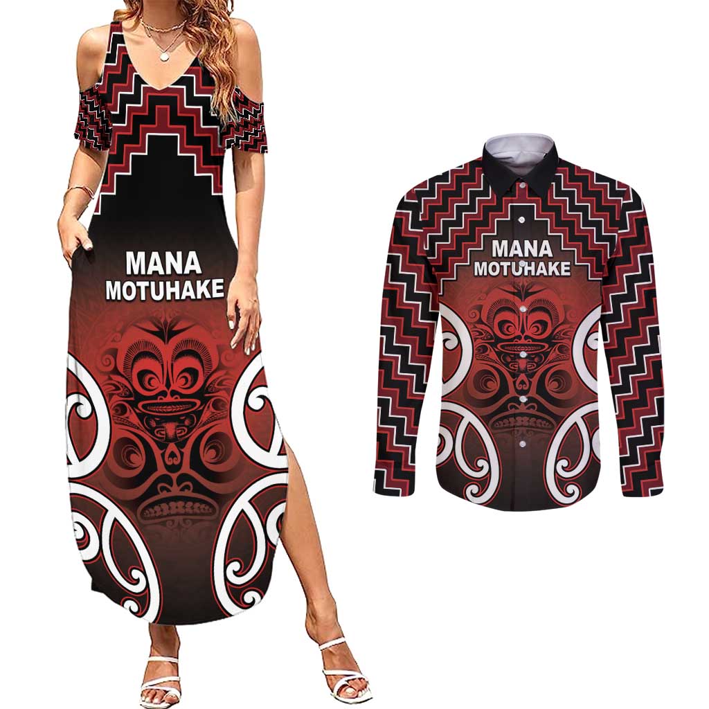 Personalised Aotearoa Mana Motuhake Couples Matching Summer Maxi Dress and Long Sleeve Button Shirt Poutama With Maori Pattern - Polynesian Pride