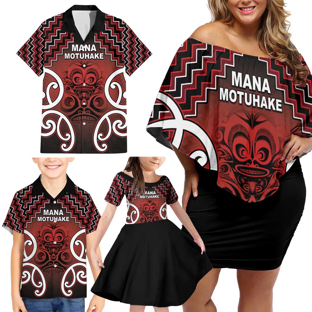 Personalised Aotearoa Mana Motuhake Family Matching Off Shoulder Short Dress and Hawaiian Shirt Poutama With Maori Pattern - Polynesian Pride