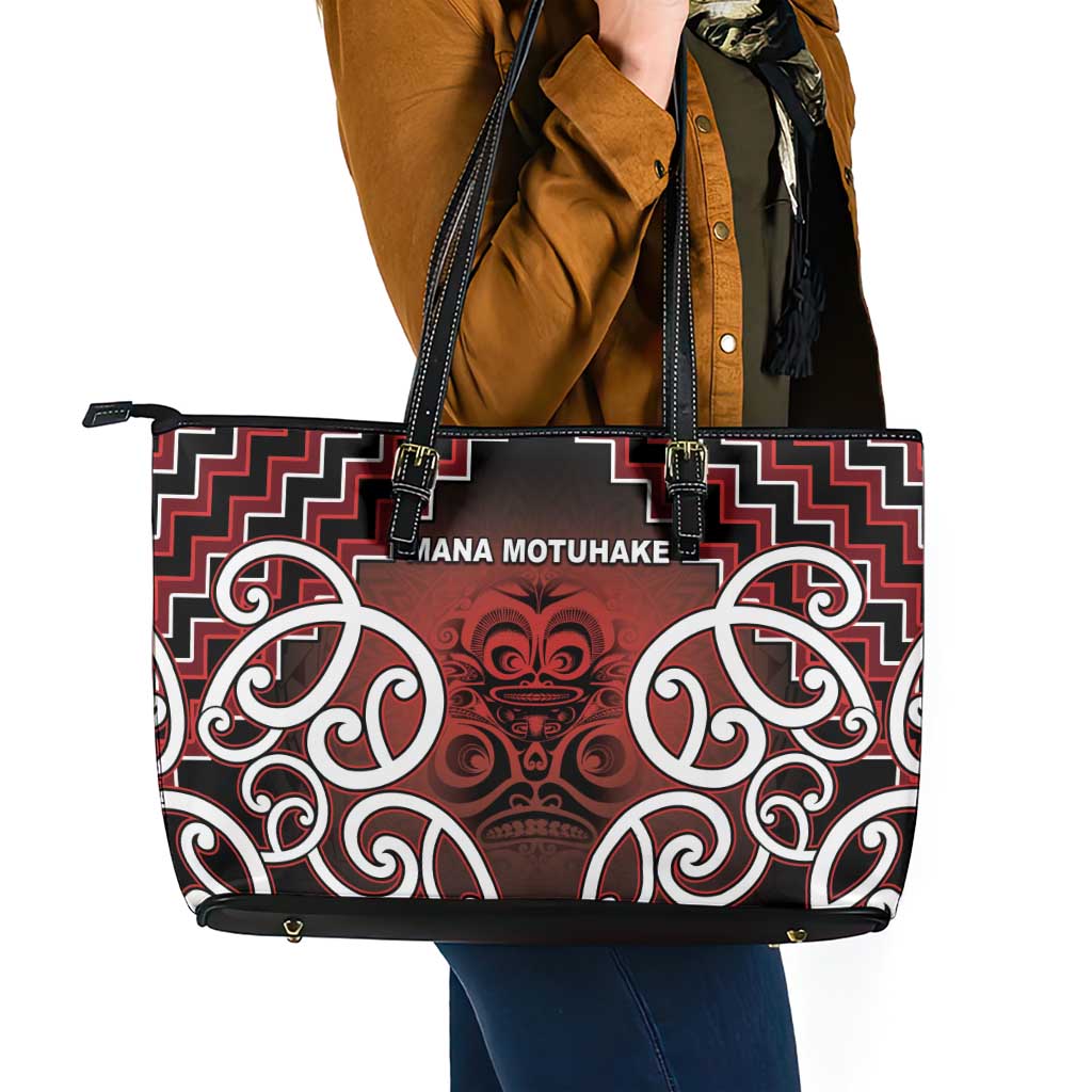 Aotearoa Mana Motuhake Leather Tote Bag Poutama With Maori Pattern - Polynesian Pride