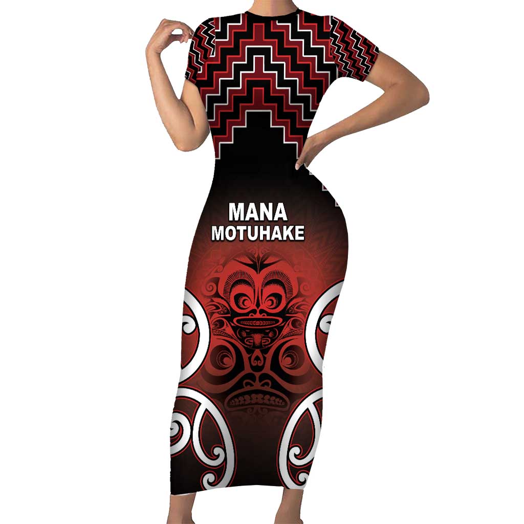 Personalised Aotearoa Mana Motuhake Short Sleeve Bodycon Dress Poutama With Maori Pattern - Polynesian Pride