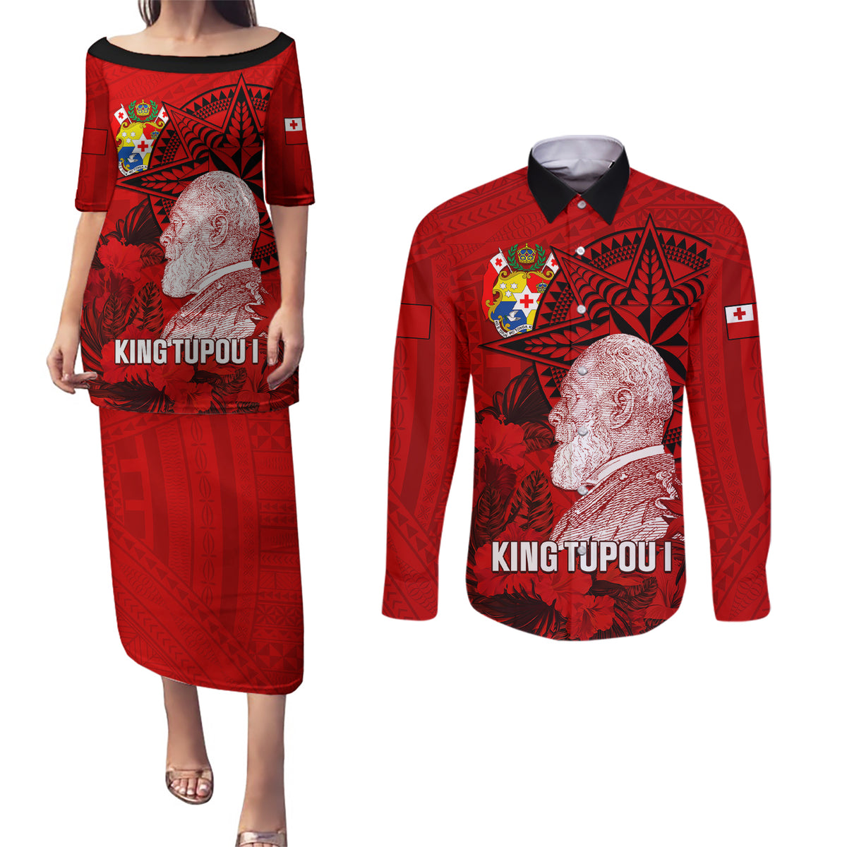 tonga-king-tupou-i-day-couples-matching-puletasi-dress-and-long-sleeve-button-shirts-tropical-flowers-with-ngatu-pattern