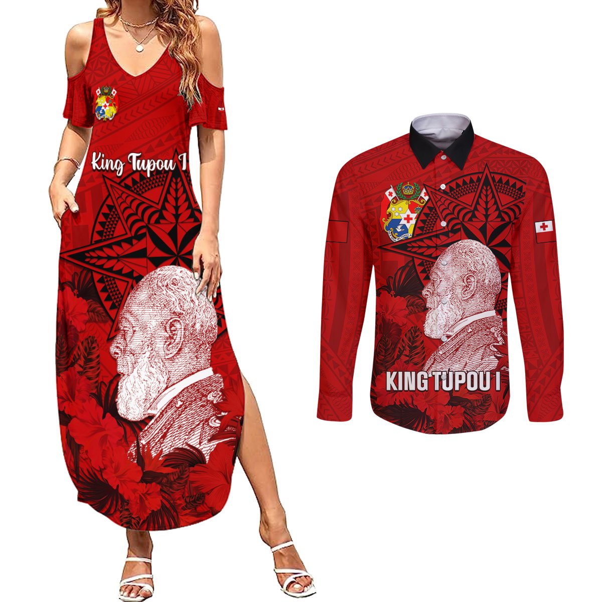 tonga-king-tupou-i-day-couples-matching-summer-maxi-dress-and-long-sleeve-button-shirts-tropical-flowers-with-ngatu-pattern