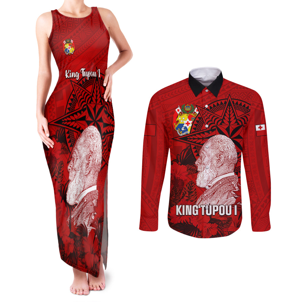 Tonga King Tupou I Day Couples Matching Tank Maxi Dress and Long Sleeve Button Shirts Tropical Flowers With Ngatu Pattern LT05 Red - Polynesian Pride