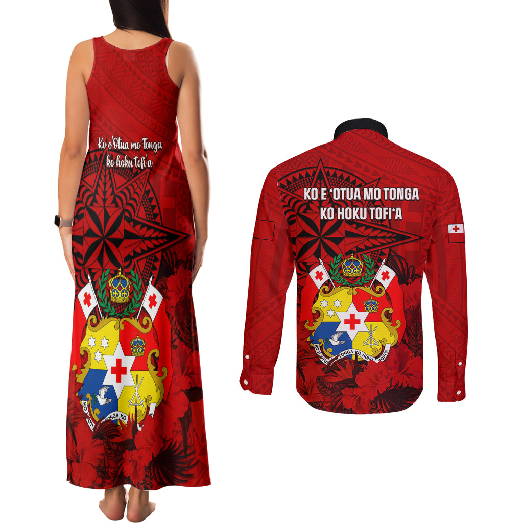 Tonga King Tupou I Day Couples Matching Tank Maxi Dress and Long Sleeve Button Shirts Tropical Flowers With Ngatu Pattern LT05 - Polynesian Pride