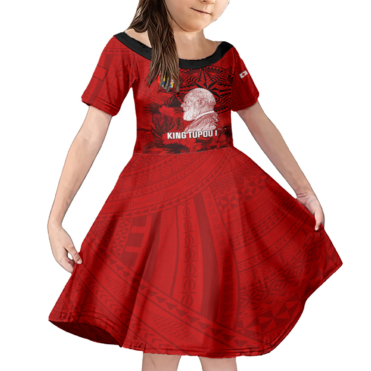 tonga-king-tupou-i-day-kid-short-sleeve-dress-tropical-flowers-with-ngatu-pattern