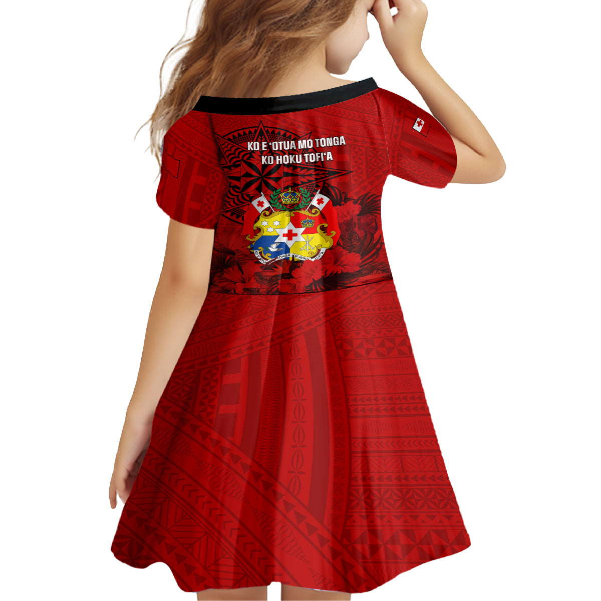 tonga-king-tupou-i-day-kid-short-sleeve-dress-tropical-flowers-with-ngatu-pattern