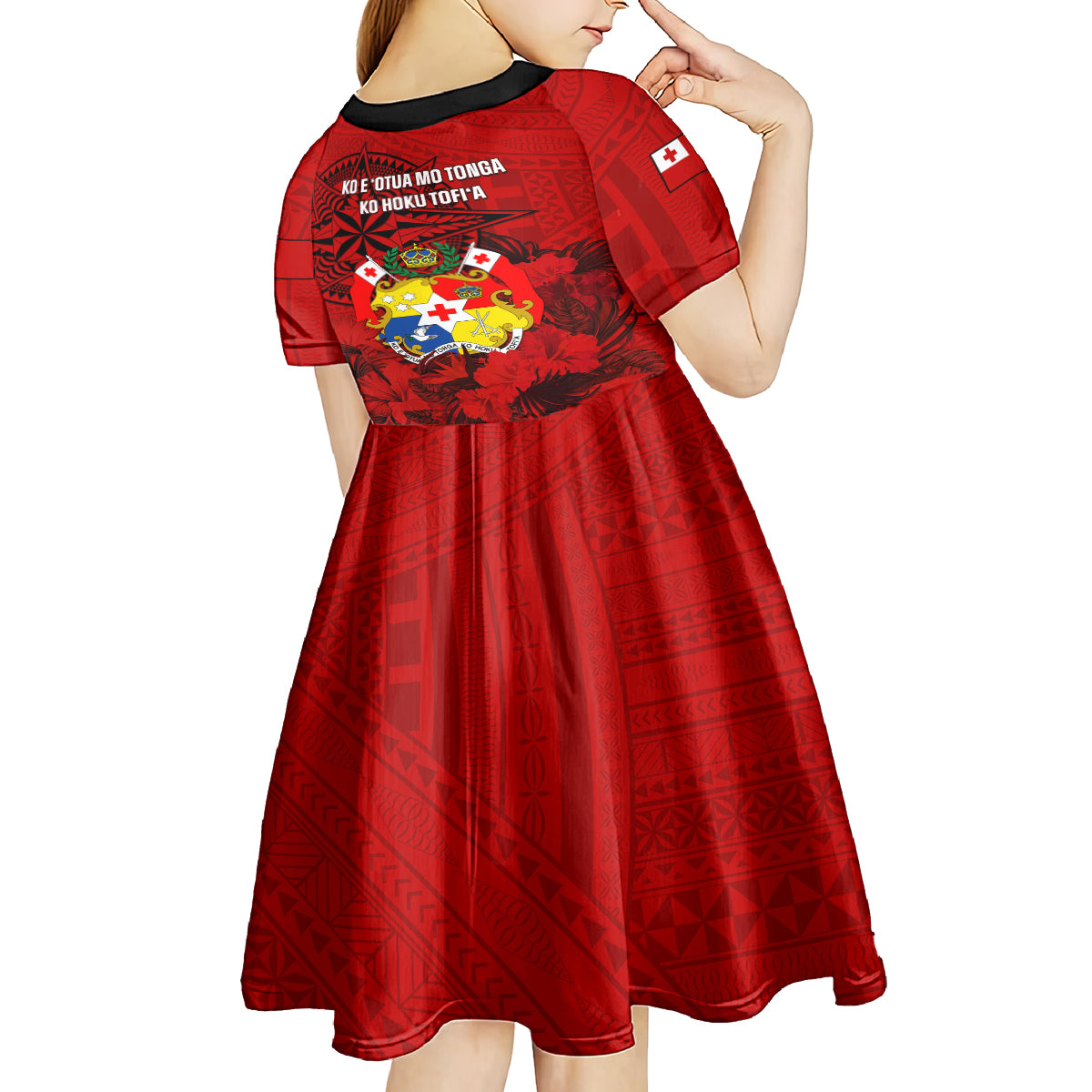 tonga-king-tupou-i-day-kid-short-sleeve-dress-tropical-flowers-with-ngatu-pattern
