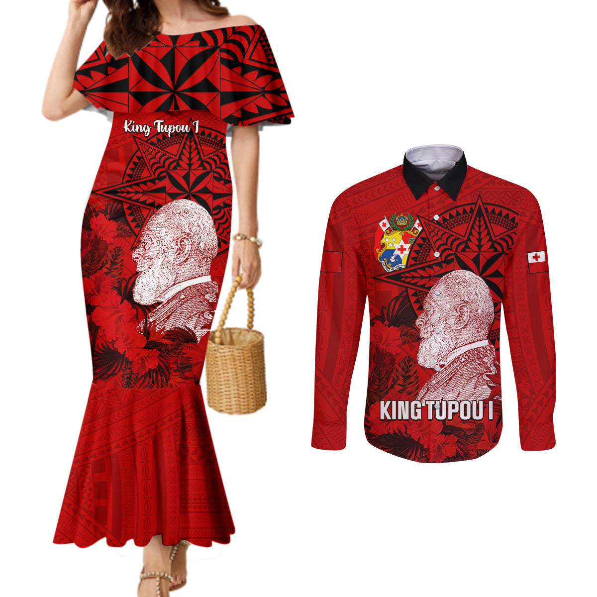 personalized-tonga-king-tupou-i-day-couples-matching-mermaid-dress-and-long-sleeve-button-shirts-tropical-flowers-with-ngatu-pattern