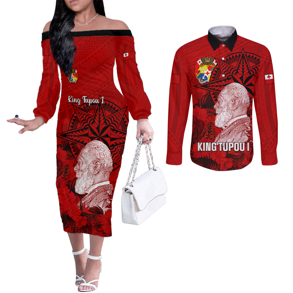 personalized-tonga-king-tupou-i-day-couples-matching-off-the-shoulder-long-sleeve-dress-and-long-sleeve-button-shirts-tropical-flowers-with-ngatu-pattern
