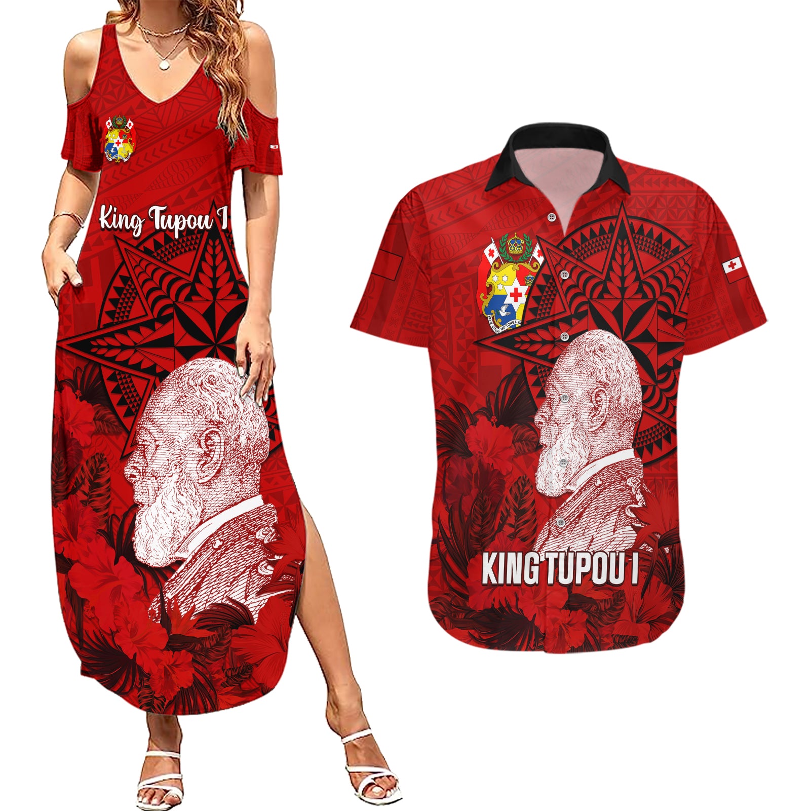 personalized-tonga-king-tupou-i-day-couples-matching-summer-maxi-dress-and-hawaiian-shirt-tropical-flowers-with-ngatu-pattern