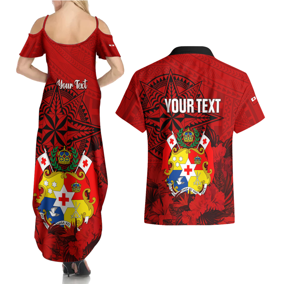 personalized-tonga-king-tupou-i-day-couples-matching-summer-maxi-dress-and-hawaiian-shirt-tropical-flowers-with-ngatu-pattern