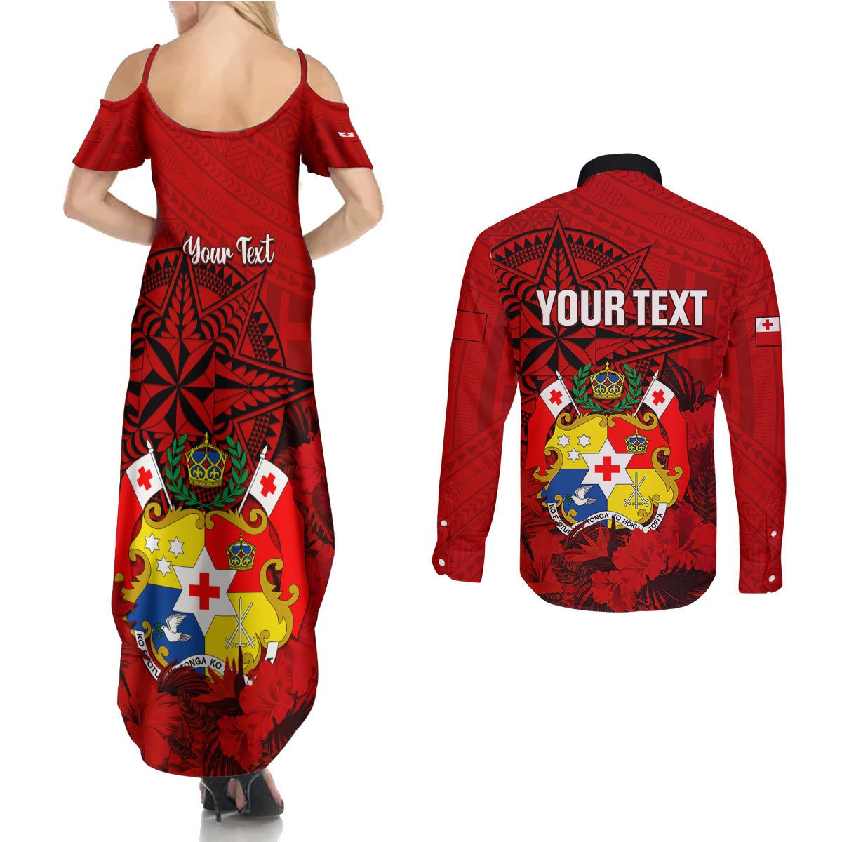personalized-tonga-king-tupou-i-day-couples-matching-summer-maxi-dress-and-long-sleeve-button-shirts-tropical-flowers-with-ngatu-pattern