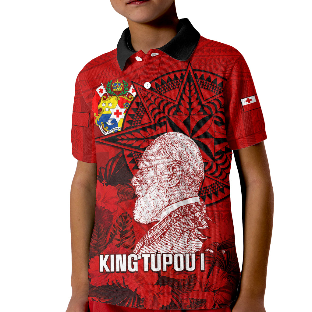 Personalized Tonga King Tupou I Day Kid Polo Shirt Tropical Flowers With Ngatu Pattern LT05 Kid Red - Polynesian Pride