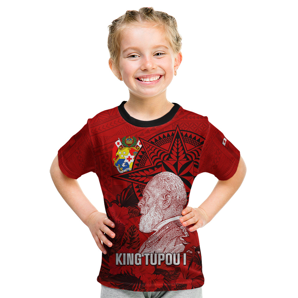 Personalized Tonga King Tupou I Day Kid T Shirt Tropical Flowers With Ngatu Pattern LT05 Red - Polynesian Pride