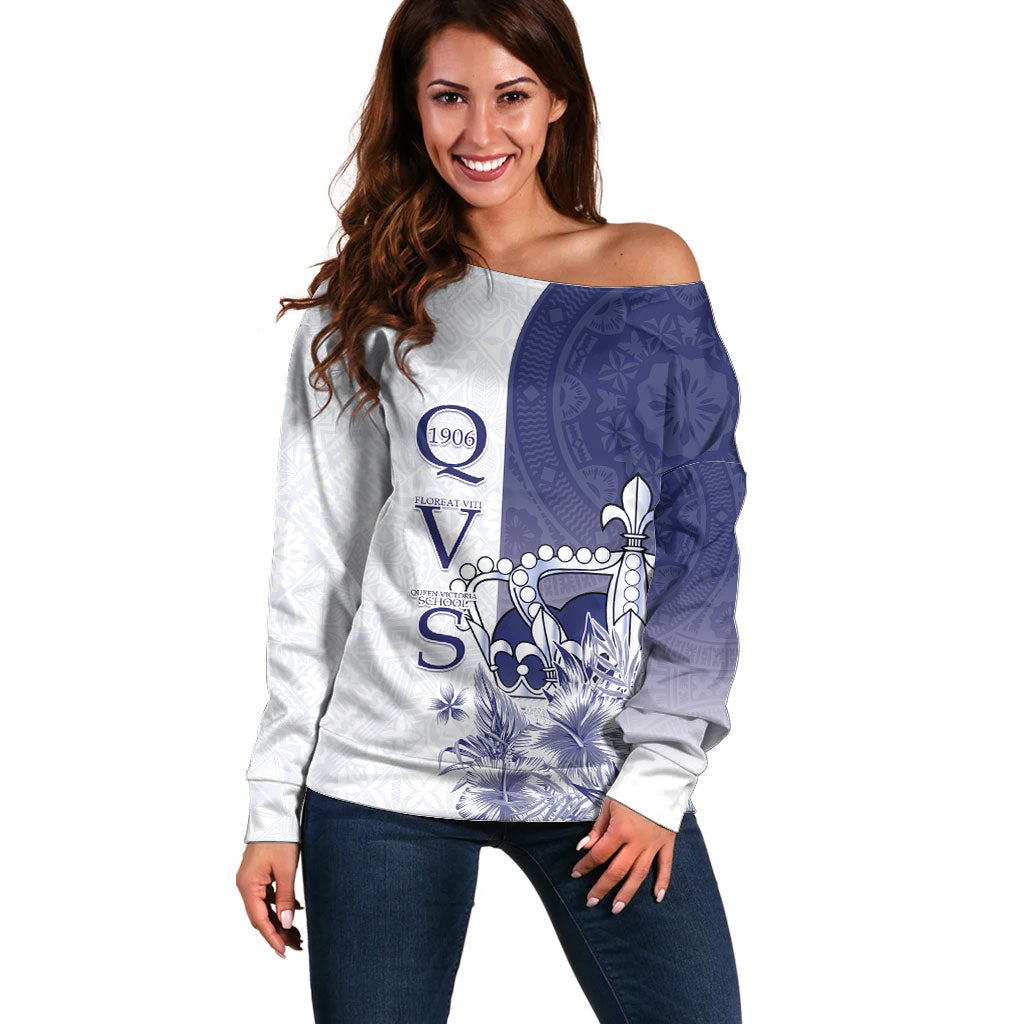 Personalised Fiji Queen Victoria School 1906 Off Shoulder Sweater Floreat Viti LT05 Women Navy - Polynesian Pride