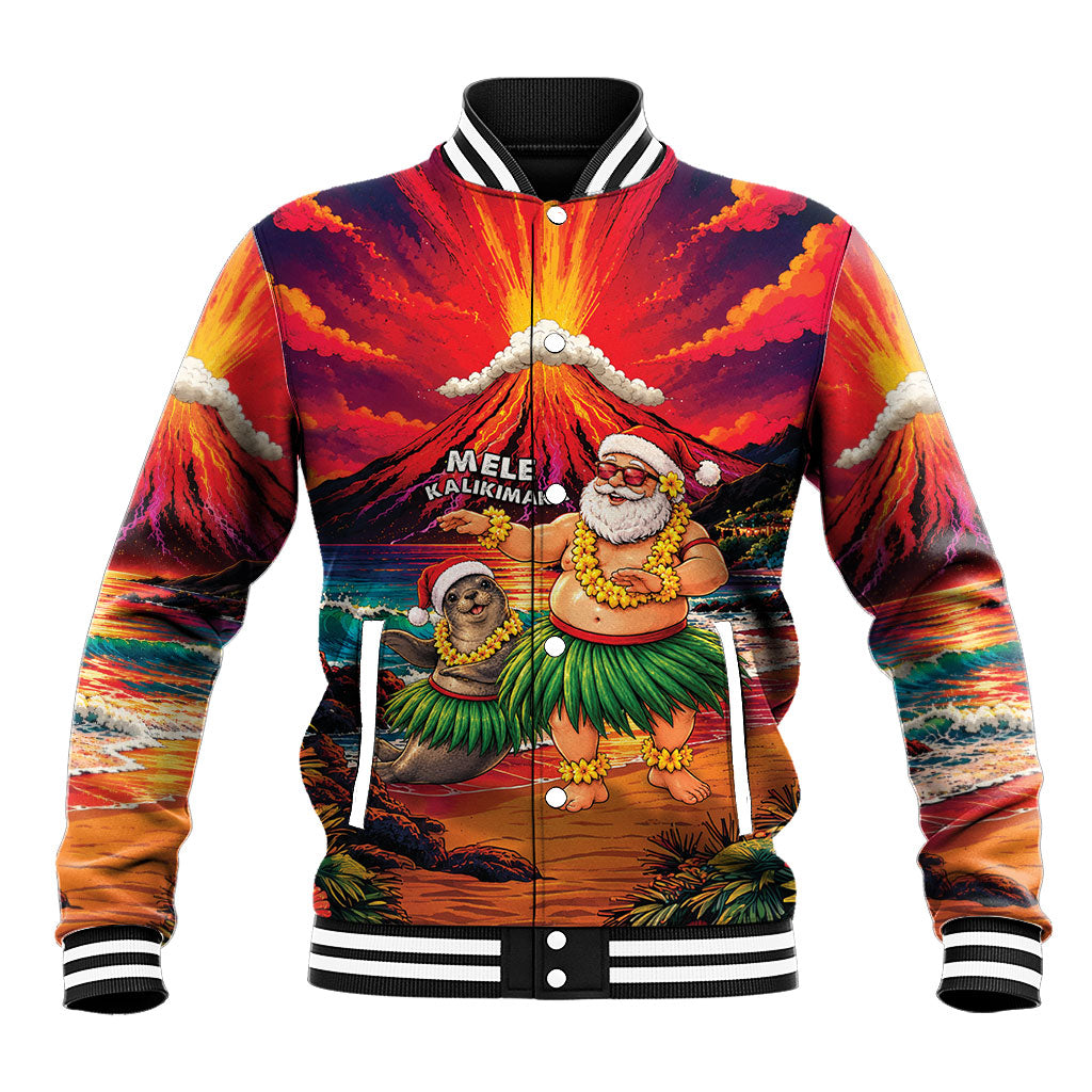 Hawaii Volcano Christmas Baseball Jacket Hula Santa And Monk Seal LT05 Unisex Multicolor - Polynesian Pride