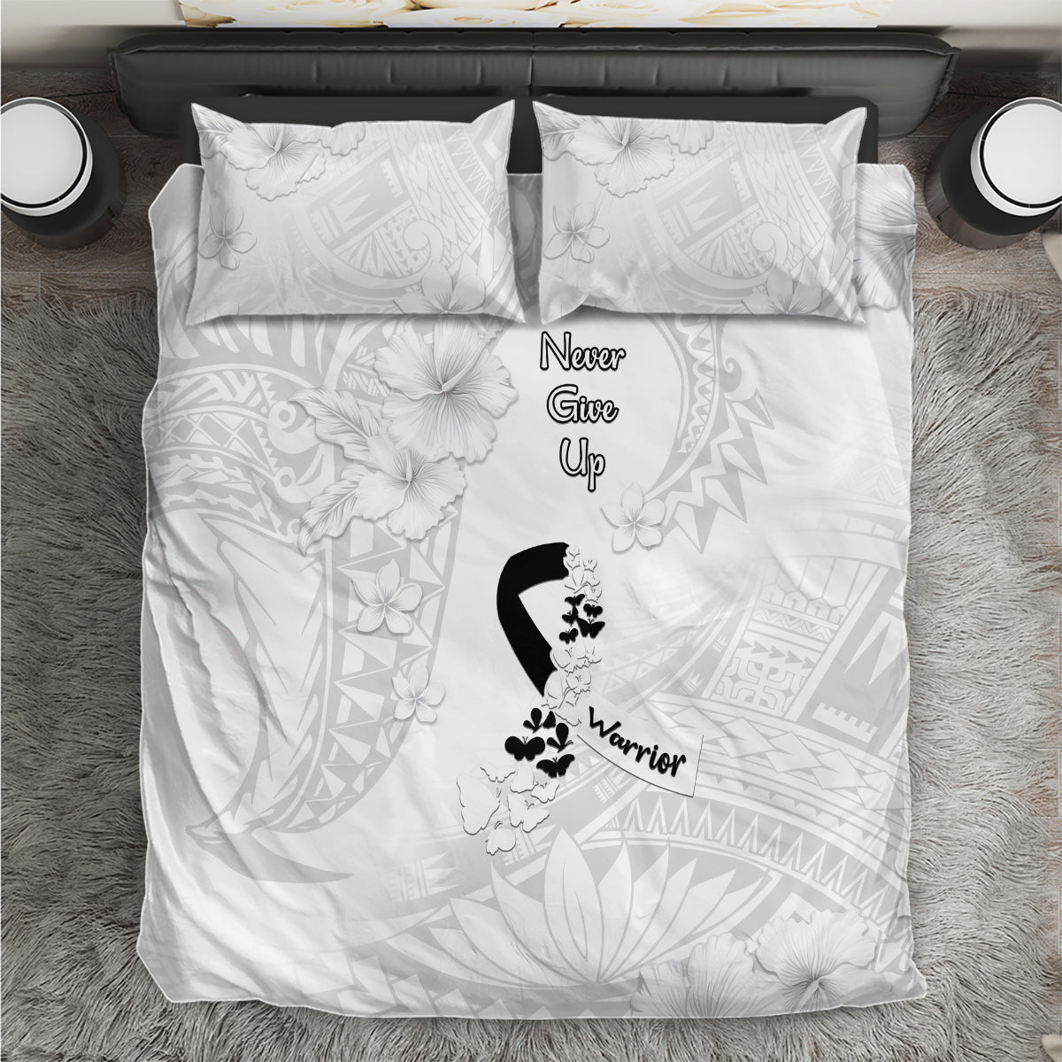 Lung Cancer Awareness Bedding Set Never Give Up Polynesian Style LT05 White - Polynesian Pride