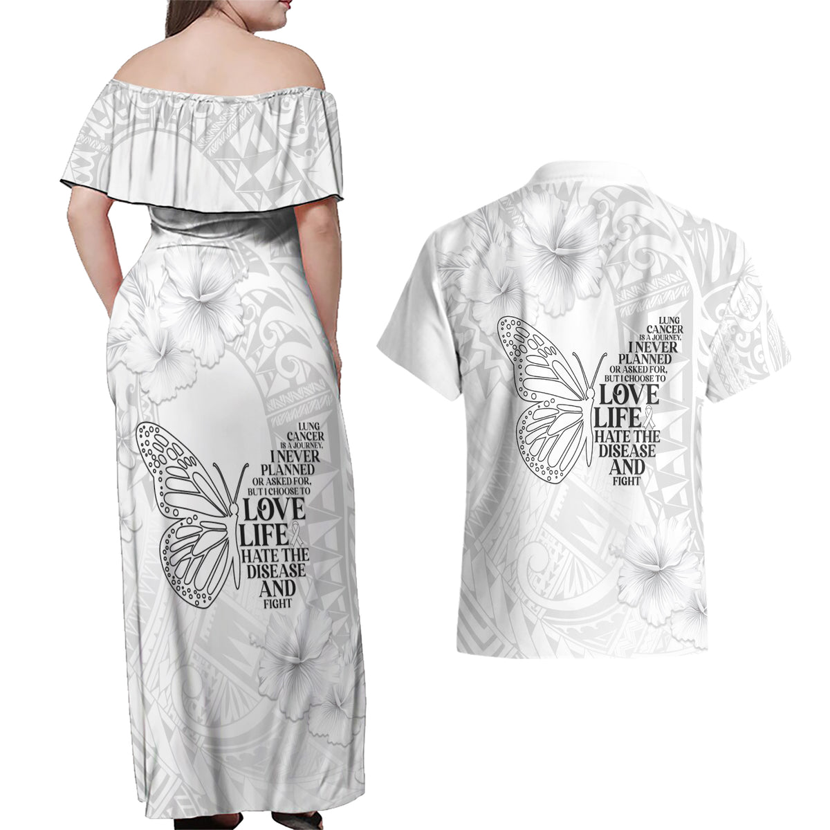 Lung Cancer Awareness Couples Matching Off Shoulder Maxi Dress and Hawaiian Shirt Never Give Up Polynesian Style LT05 - Polynesian Pride