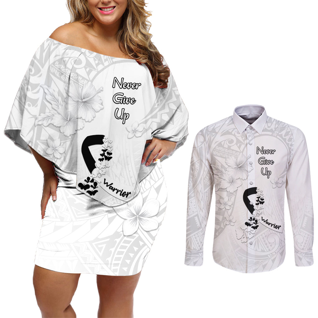 Lung Cancer Awareness Couples Matching Off Shoulder Short Dress and Long Sleeve Button Shirt Never Give Up Polynesian Style LT05 White - Polynesian Pride