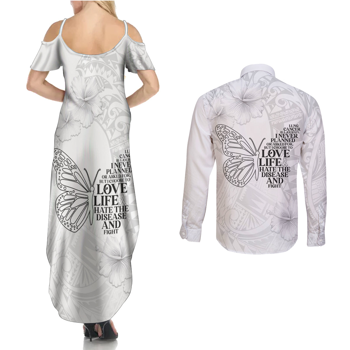 Lung Cancer Awareness Couples Matching Summer Maxi Dress and Long Sleeve Button Shirt Never Give Up Polynesian Style LT05 - Polynesian Pride