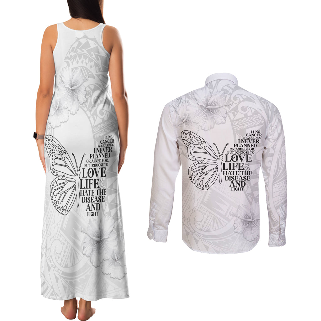 Lung Cancer Awareness Couples Matching Tank Maxi Dress and Long Sleeve Button Shirt Never Give Up Polynesian Style LT05 - Polynesian Pride