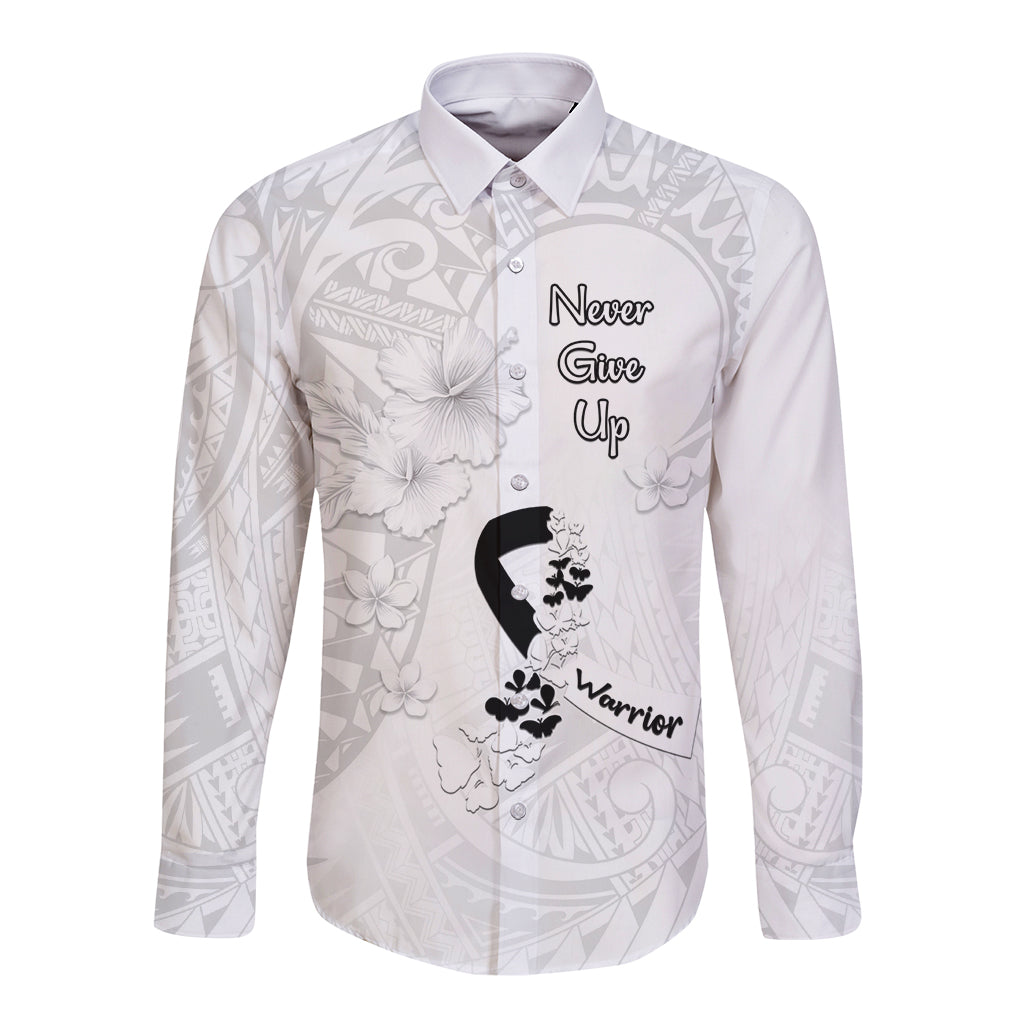 Lung Cancer Awareness Long Sleeve Button Shirt Never Give Up Polynesian Style LT05 Unisex White - Polynesian Pride