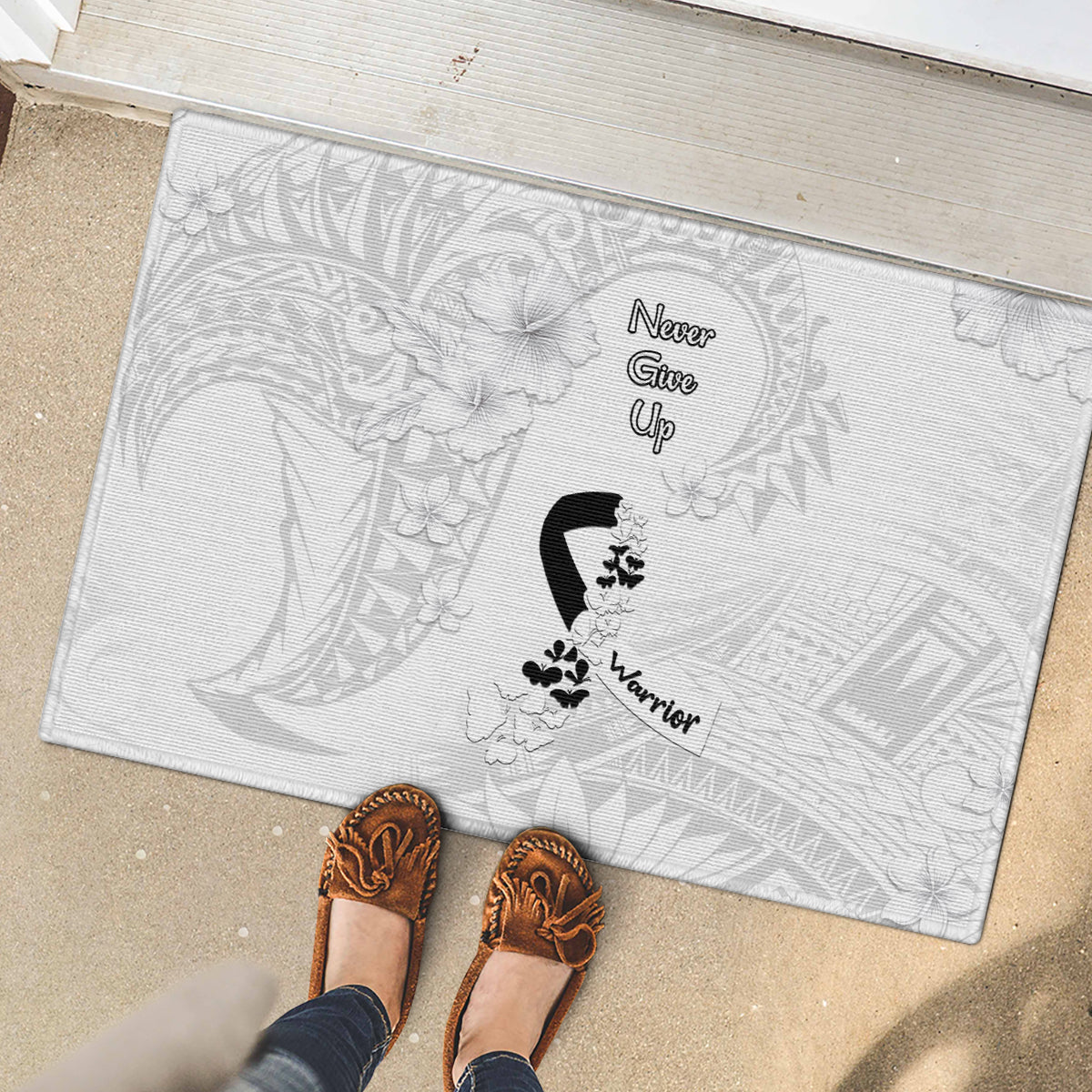 Lung Cancer Awareness Rubber Doormat Never Give Up Polynesian Style LT05 - Polynesian Pride
