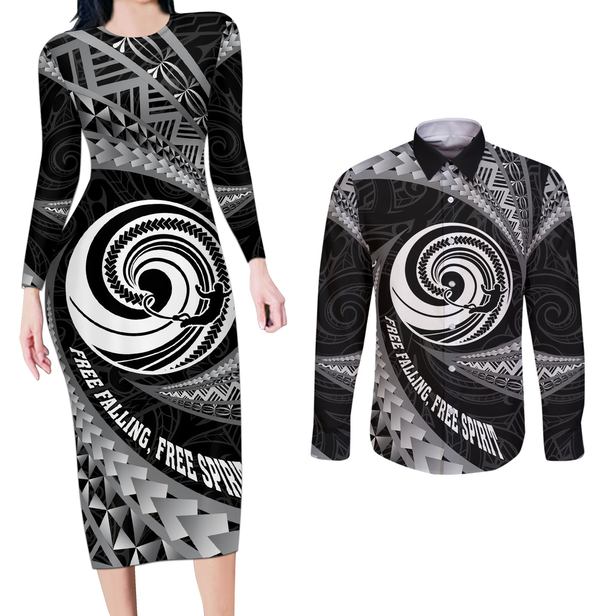 Personalised New Zealand Bungy Jumping Couples Matching Long Sleeve Bodycon Dress and Long Sleeve Button Shirt Maori Pattern LT05 Black - Polynesian Pride