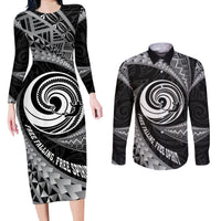 Personalised New Zealand Bungy Jumping Couples Matching Long Sleeve Bodycon Dress and Long Sleeve Button Shirt Maori Pattern LT05 Black - Polynesian Pride