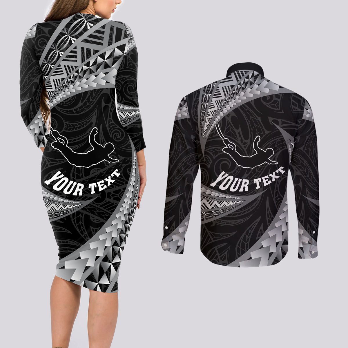 Personalised New Zealand Bungy Jumping Couples Matching Long Sleeve Bodycon Dress and Long Sleeve Button Shirt Maori Pattern LT05 - Polynesian Pride