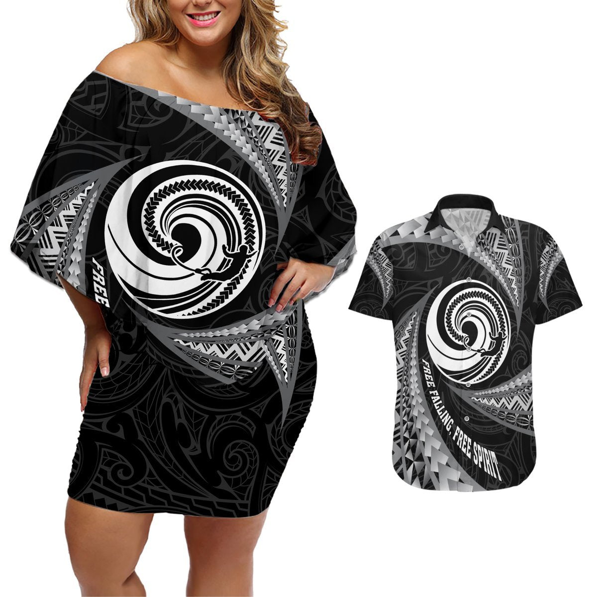 Personalised New Zealand Bungy Jumping Couples Matching Off Shoulder Short Dress and Hawaiian Shirt Maori Pattern LT05 Black - Polynesian Pride