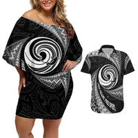 Personalised New Zealand Bungy Jumping Couples Matching Off Shoulder Short Dress and Hawaiian Shirt Maori Pattern LT05 Black - Polynesian Pride