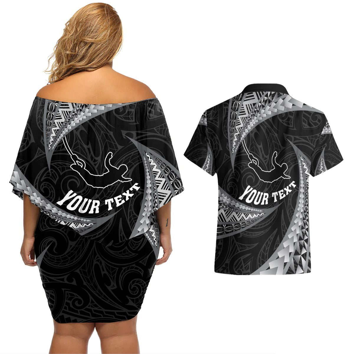 Personalised New Zealand Bungy Jumping Couples Matching Off Shoulder Short Dress and Hawaiian Shirt Maori Pattern LT05 - Polynesian Pride