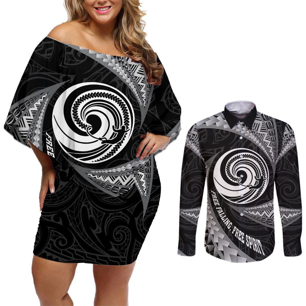 Personalised New Zealand Bungy Jumping Couples Matching Off Shoulder Short Dress and Long Sleeve Button Shirt Maori Pattern LT05 Black - Polynesian Pride