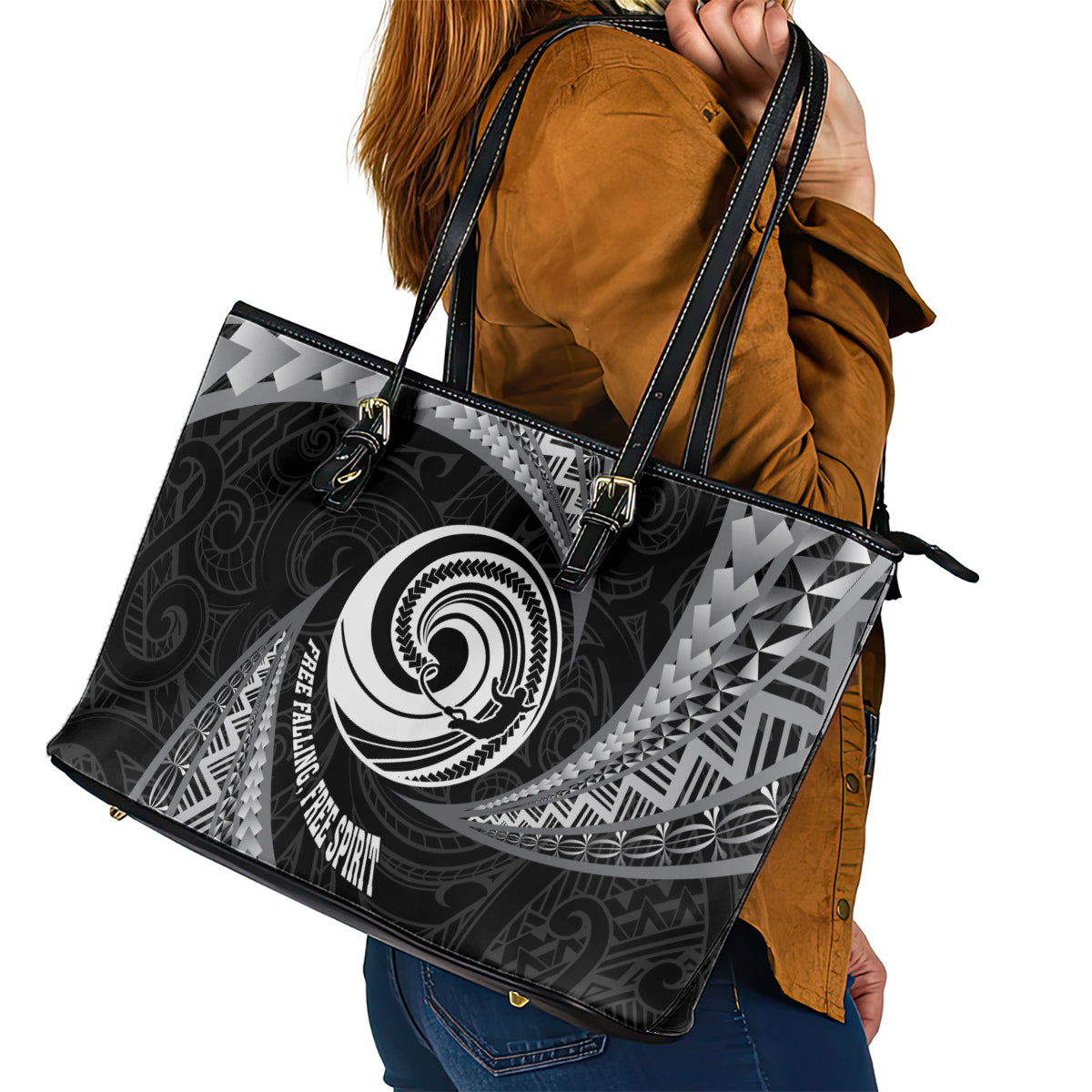 New Zealand Bungy Jumping Leather Tote Bag Maori Pattern LT05 - Polynesian Pride