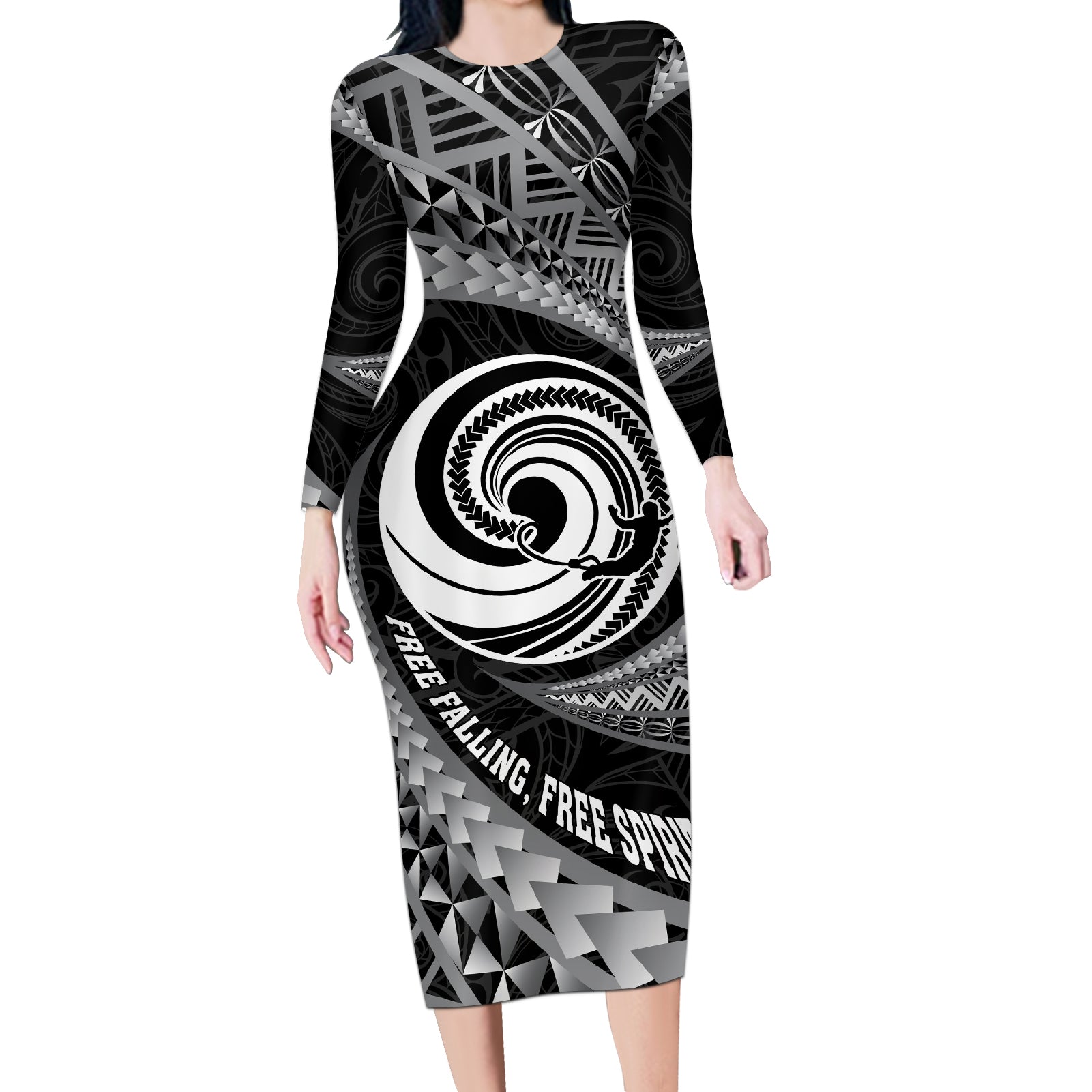 Personalised New Zealand Bungy Jumping Long Sleeve Bodycon Dress Maori Pattern LT05 Long Dress Black - Polynesian Pride