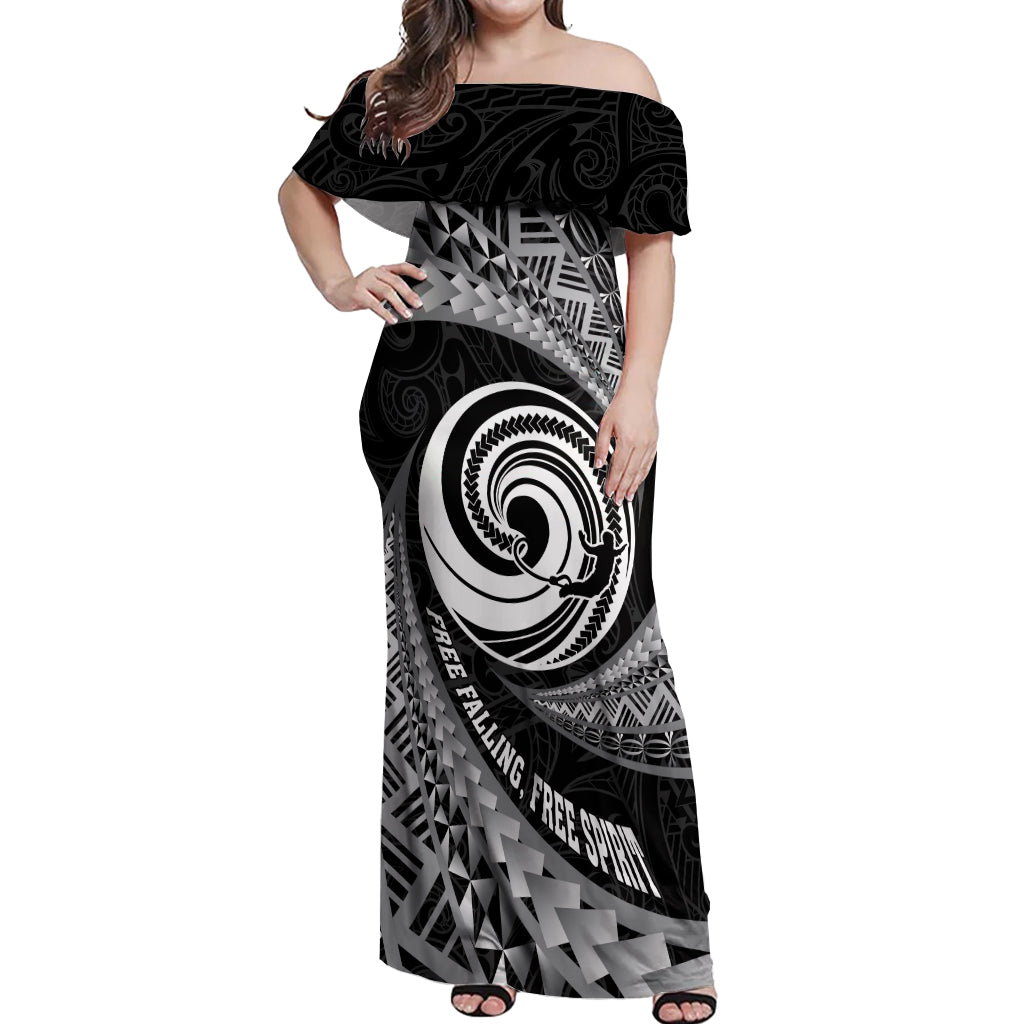 Personalised New Zealand Bungy Jumping Off Shoulder Maxi Dress Maori Pattern LT05 Women Black - Polynesian Pride