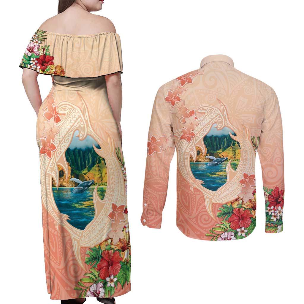 Hawaii Kauai Na Pali Coast Landscape Couples Matching Off Shoulder Maxi Dress and Long Sleeve Button Shirt