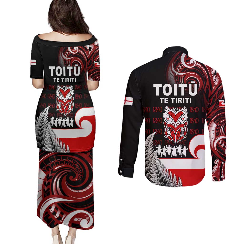 Aotearoa Toitu He Whakaputanga Couples Matching Puletasi and Long Sleeve Button Shirt Toitu Te Tiriti O Waitangi
