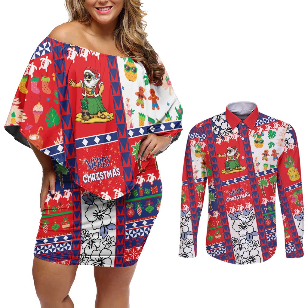 Wallis And Futuna Christmas Couples Matching Off Shoulder Short Dress and Long Sleeve Button Shirt Festive Beach Vibes - Polynesian Pride