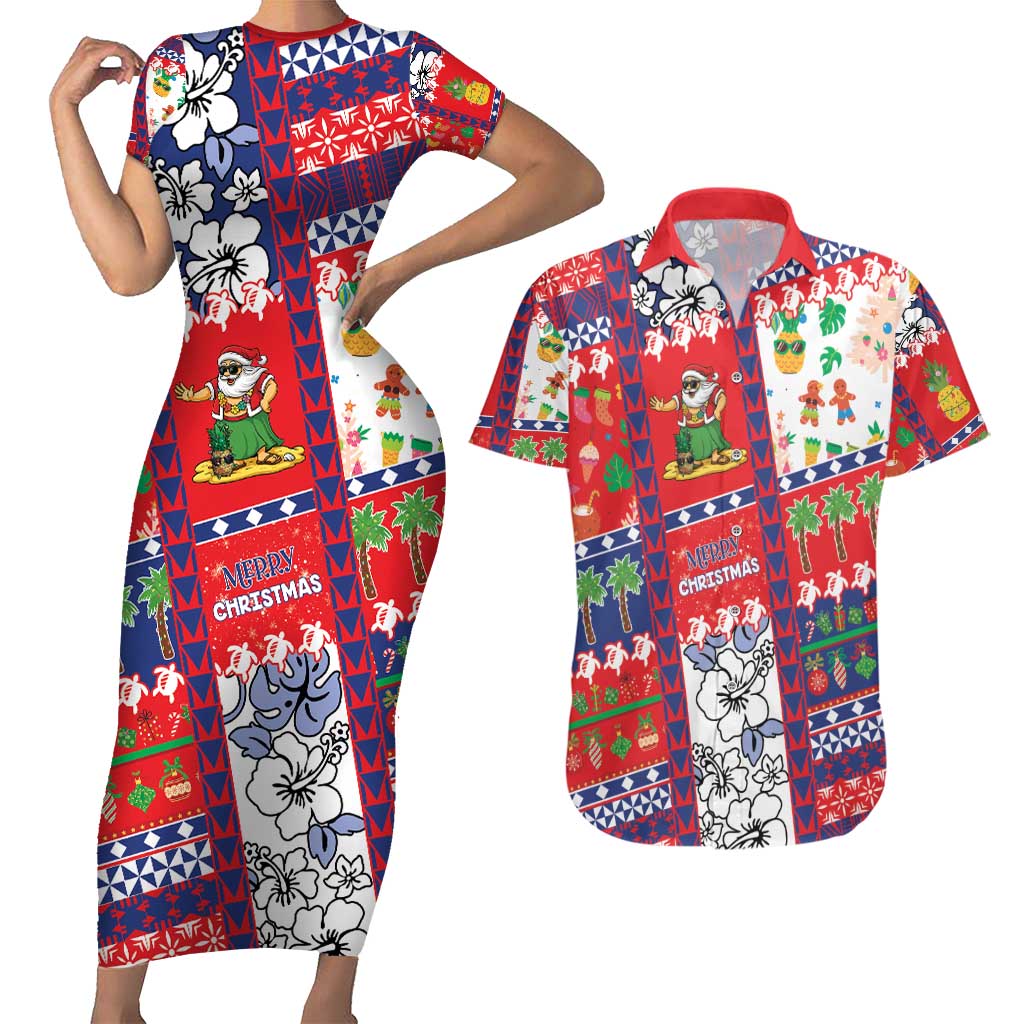 Wallis And Futuna Christmas Couples Matching Short Sleeve Bodycon Dress and Hawaiian Shirt Festive Beach Vibes - Polynesian Pride