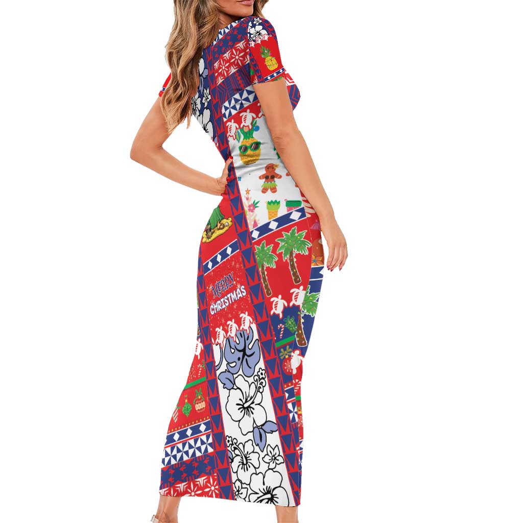 Wallis And Futuna Christmas Short Sleeve Bodycon Dress Festive Beach Vibes - Polynesian Pride