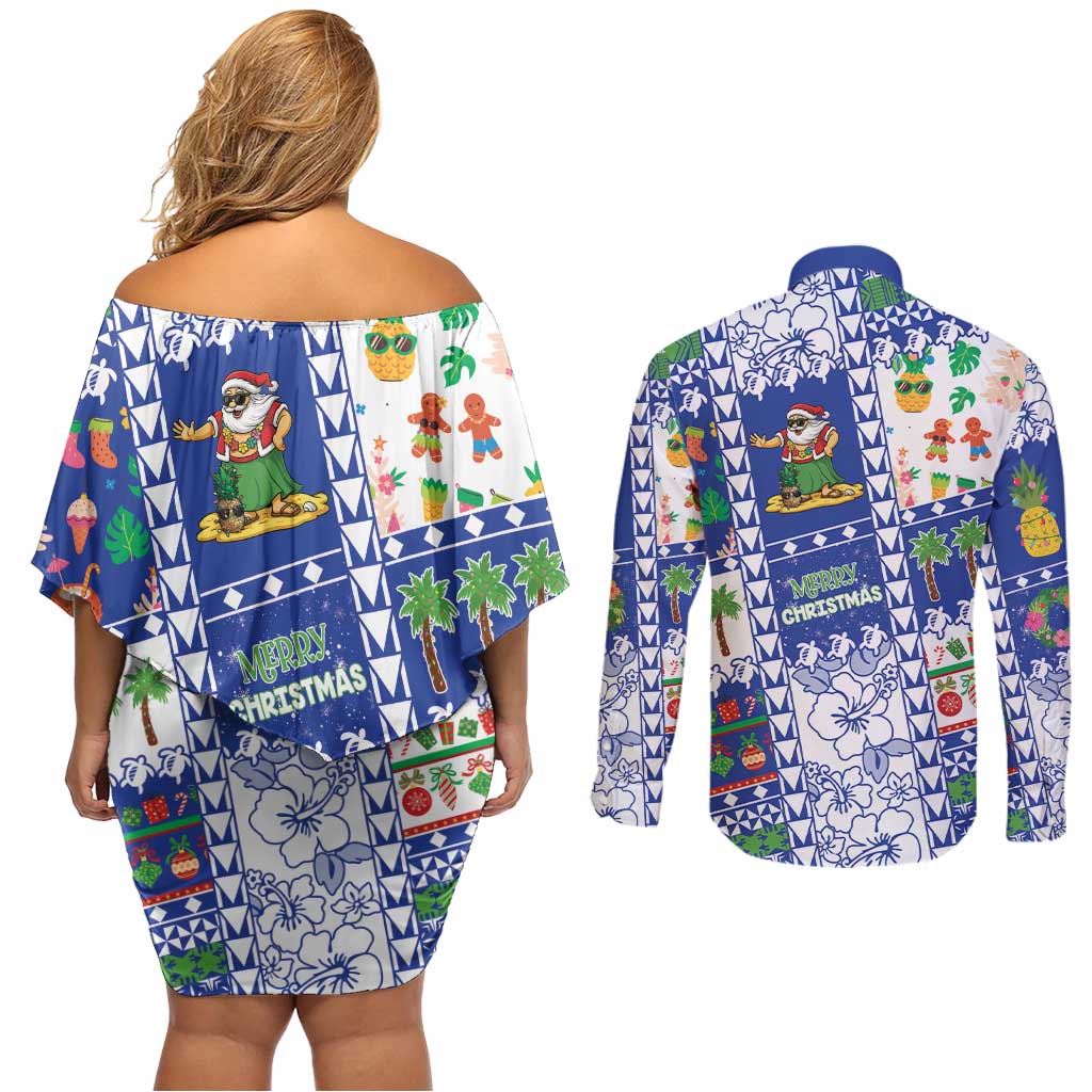Northern Mariana Islands Christmas Couples Matching Off Shoulder Short Dress and Long Sleeve Button Shirt Festive Beach Vibes - Polynesian Pride