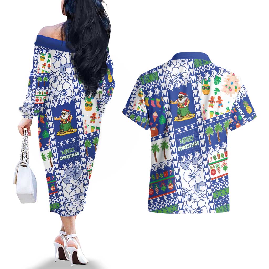 Northern Mariana Islands Christmas Couples Matching Off The Shoulder Long Sleeve Dress and Hawaiian Shirt Festive Beach Vibes - Polynesian Pride