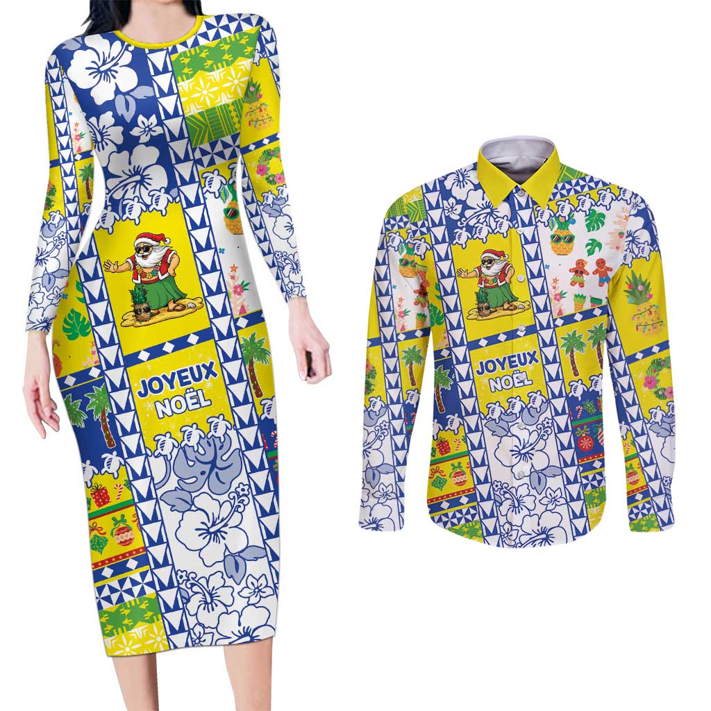 New Caledonia Christmas Couples Matching Long Sleeve Bodycon Dress and Long Sleeve Button Shirt Festive Beach Vibes - Polynesian Pride