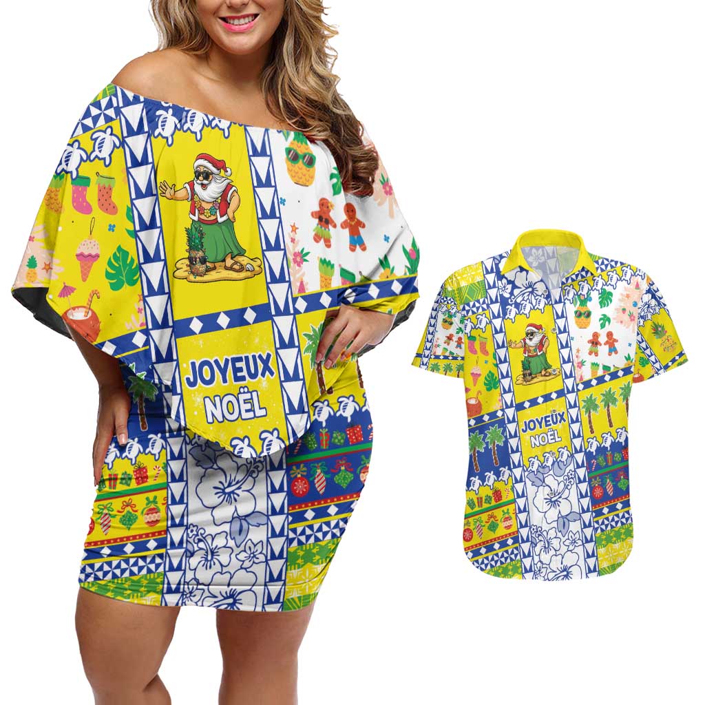 New Caledonia Christmas Couples Matching Off Shoulder Short Dress and Hawaiian Shirt Festive Beach Vibes - Polynesian Pride
