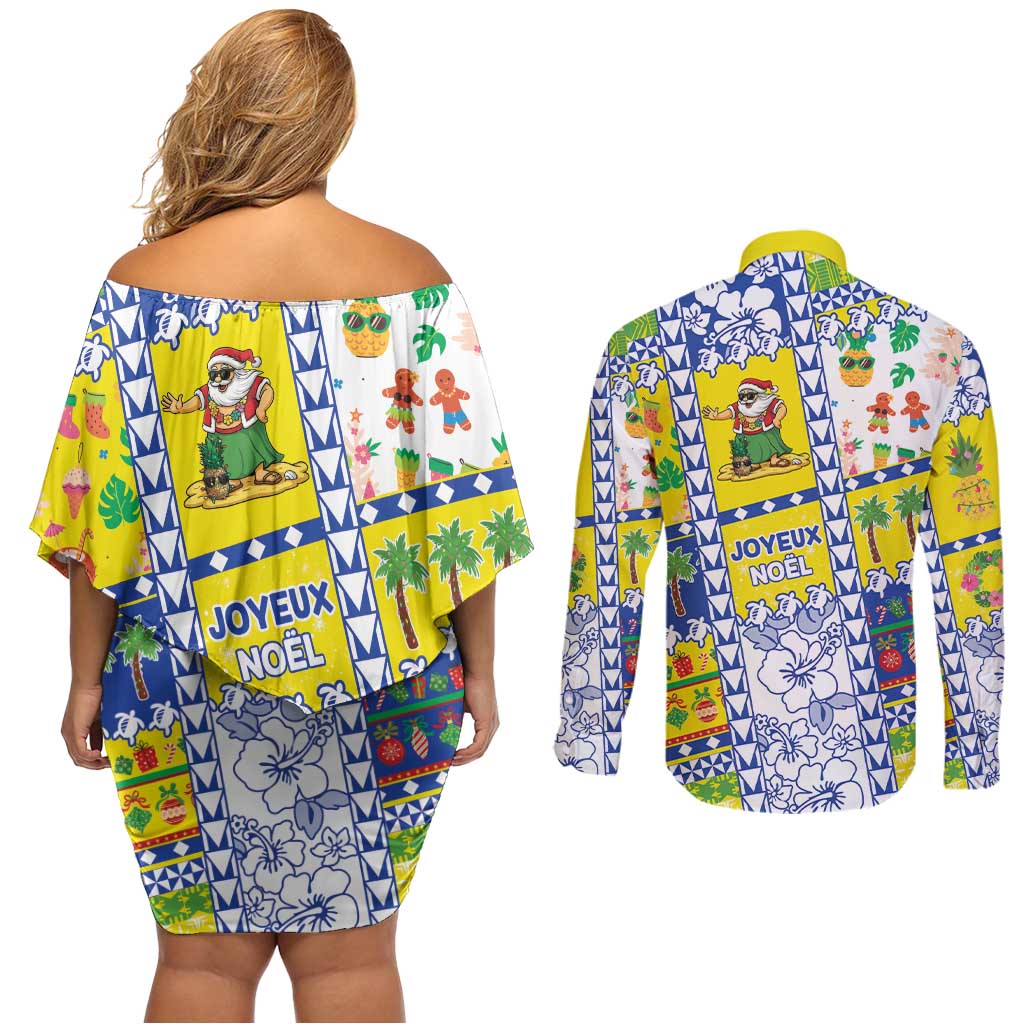 New Caledonia Christmas Couples Matching Off Shoulder Short Dress and Long Sleeve Button Shirt Festive Beach Vibes - Polynesian Pride