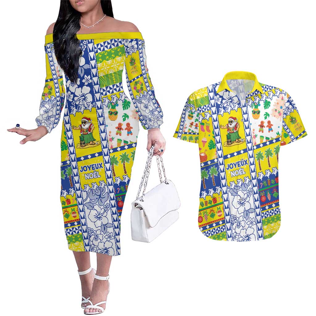 New Caledonia Christmas Couples Matching Off The Shoulder Long Sleeve Dress and Hawaiian Shirt Festive Beach Vibes - Polynesian Pride