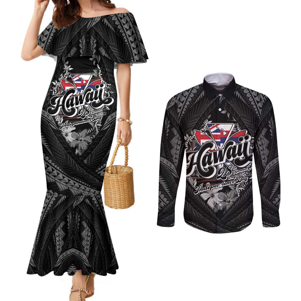 Hawaii November 28th Couples Matching Mermaid Dress and Long Sleeve Button Shirt Kanaka Maoli Tribal Pattern - Polynesian Pride